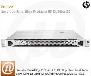 670636-S05 - Servidor SmartBuy ProLiant HP DL360p Gen8 Intel Xeon Eight-Core E5-2665 (2.40GHz/1600MHz/20MB L3) 8GB 300GB 6G SAS 10.000 rpm RAID P420i Quad-Port