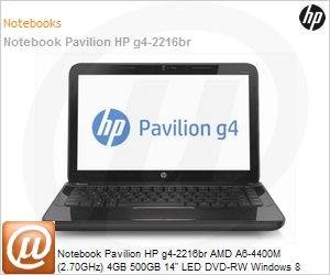 C1C28LA - Notebook Pavilion HP g4-2216br AMD A6-4400M (2.70GHz) 4GB 500GB 14" LED DVD-RW Windows 8 Wi-Fi N Bluetooth WebCam HDMI Radeon HD 7520G USB 3.0