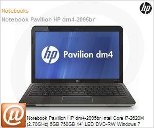 LS018LA - Notebook Pavilion HP dm4-2095br Intel Core i7-2620M (2.70GHz) 6GB 750GB 14" LED DVD-RW Windows 7 Professional 64 Wi-Fi N Bluetooth WiDi WebCam HDMI HD 6470M 1GB