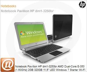 LY996LA - Notebook Pavilion HP dm1-3250br AMD Dual-Core E-350 (1.60GHz) 2GB 320GB 11,6" LED Windows 7 Starter Wi-Fi N Bluetooth WebCam HDMI Radeon HD 6310