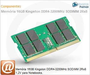 KCP432SD8/16 - Memria 16GB Kingston DDR4-3200MHz SODIMM 2Rx8 1,2V para Notebooks.