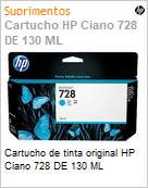 Cartucho de tinta original HP Ciano 728 DE 130 ML (Figura somente ilustrativa, no representa o produto real)