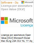 Licena por assinatura Open Value [OLV] Microsoft Excel Mac SLng LSA OLV NL 1Y Aq Y2 Academic AP Additional Product Non-Specific 1 Year(s) Acquired year 2 (Figura somente ilustrativa, no representa o produto real)